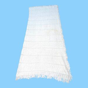 Handmade White Cotton Chevron Pattern Afghan Throw Blanket Full Size Fringe READ